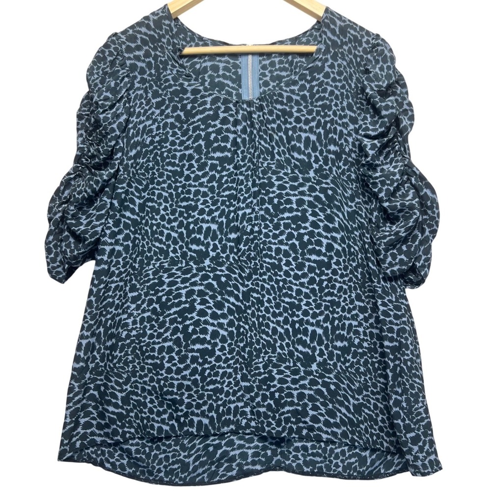Vintage Y2K Silk Animal‎ Print Top Ruched Sleeve Blouse Lightweight Elegant Blue
